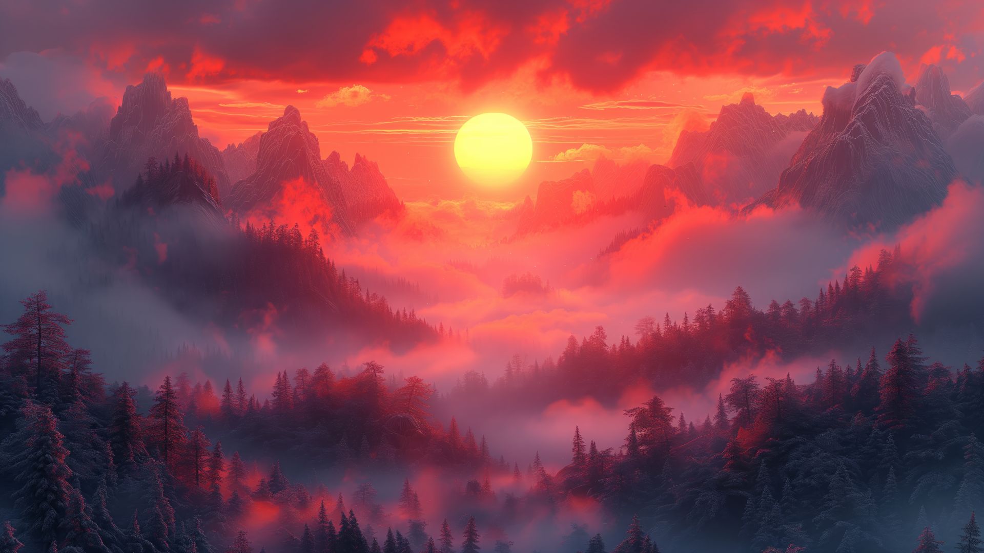 mountains, forest, sunset (horizontal)