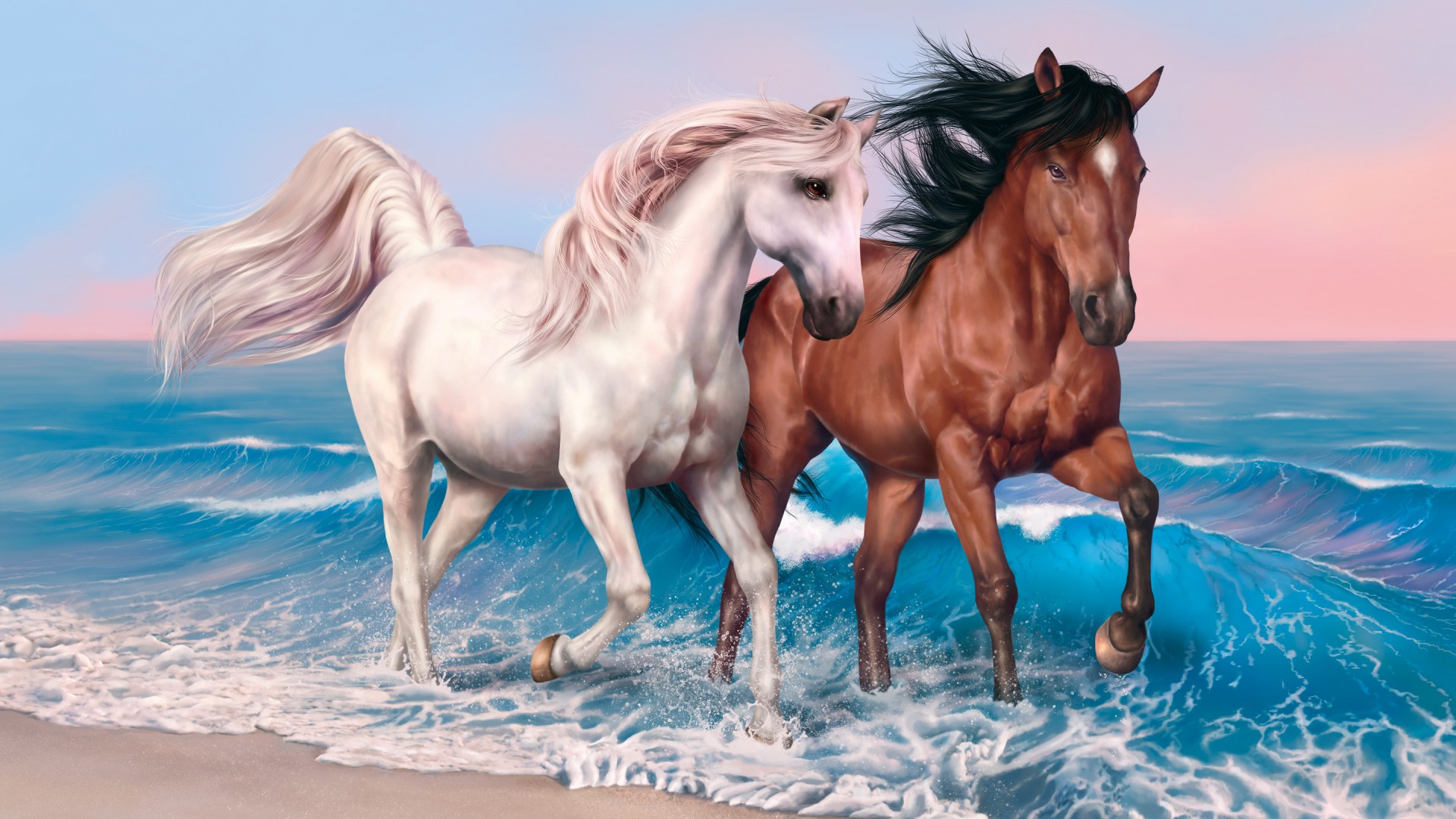 кони, лошадь, 4k, HD, океан, море, волны, horses, 4k, HD wallpaper, run, sea, ocean, sunset, white, brown (horizontal)