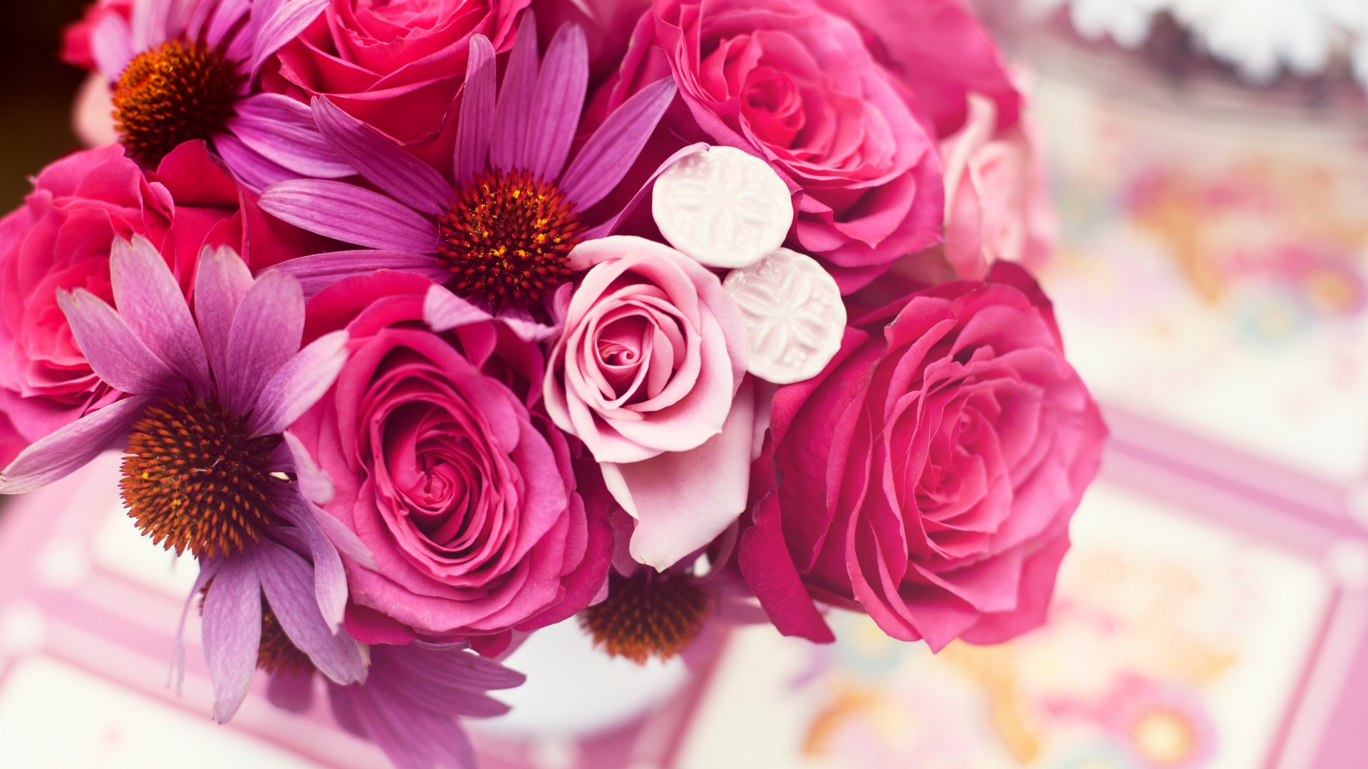Розы, 4k, HD, Букет цветов, розовый, Garden roses, 4k, HD wallpaper, Flower bouquet, pink (horizontal)