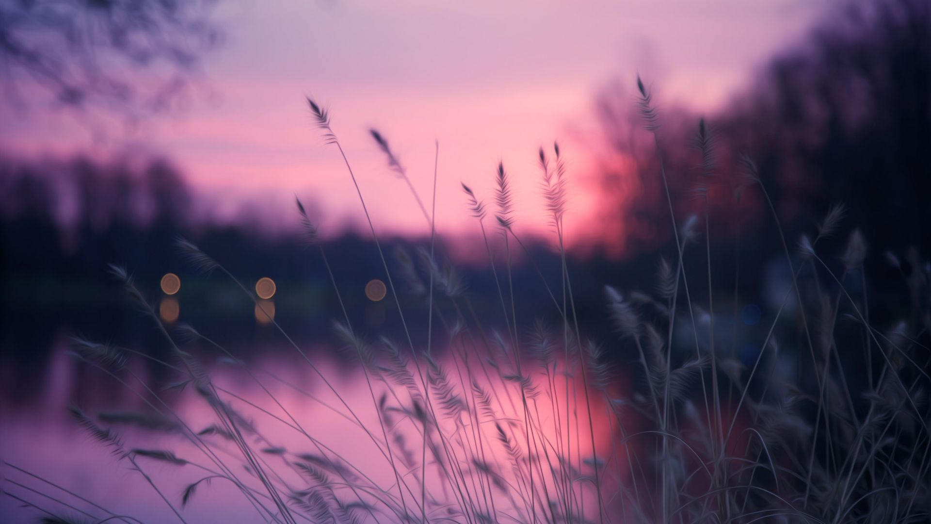Озеро, 4k, HD, трава, закат, фиолетовый, Lake, 4k, HD wallpaper, grass, sunset, purple (horizontal)