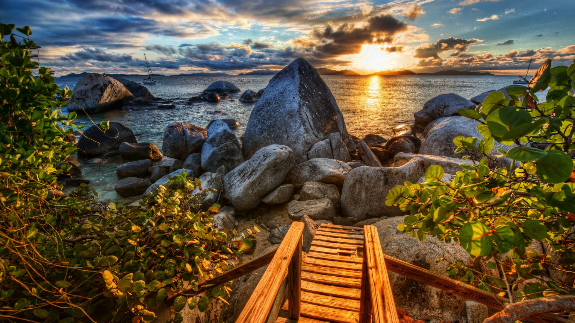 Море, 4k, HD, солнце, закат, камни, природа, Sea, 4k, HD wallpaper, sun, sunset, stones, nature (horizontal)