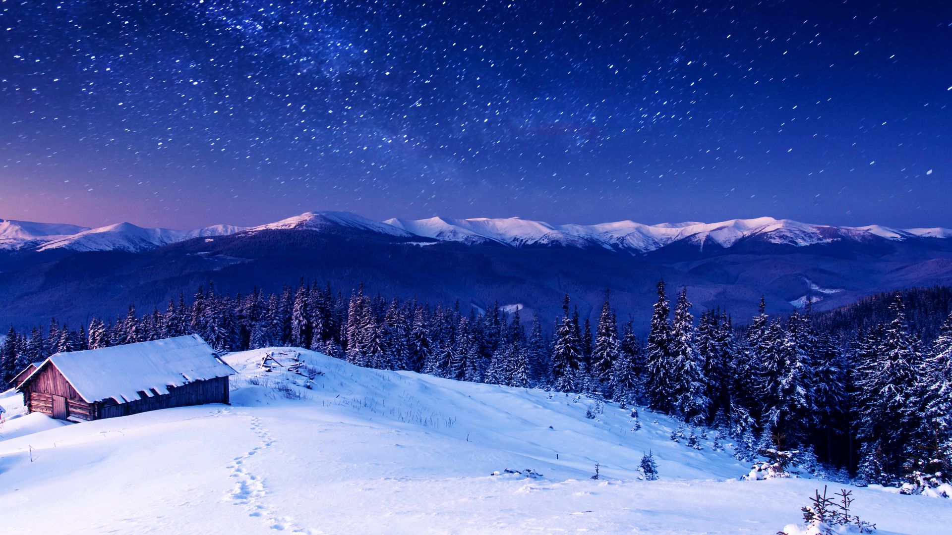 Горы, 5k, 4k, 8k, ночь, звезды, деревья, небо, снег, Mountains, 5k, 4k wallpaper, 8k, night, stars, trees, sky, snow (horizontal)