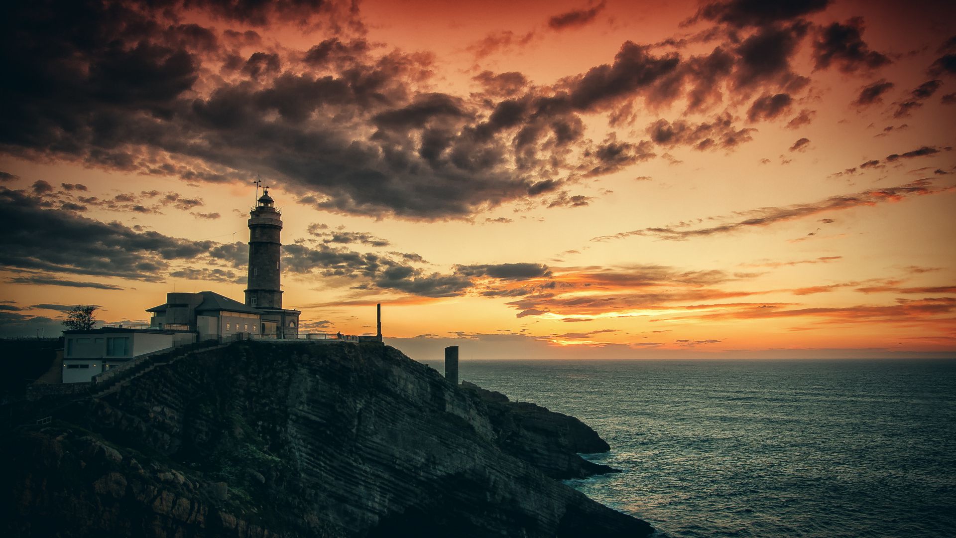 Маяк, HD, 4k, скалы, море, закат, Lighthouse, HD, 4k wallpaper, rocks, sea, sunset (horizontal)