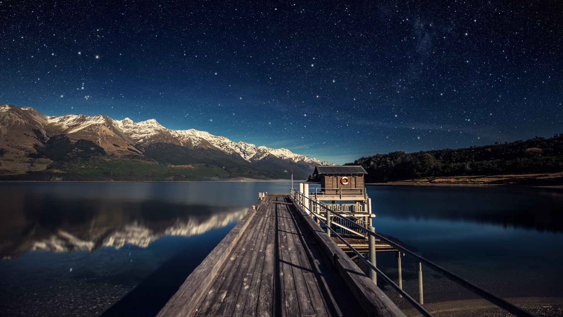ночное небо, 5k, 4k, звезды, горы, мост, Новая Зеландия, night sky, 5k, 4k wallpaper, stars, mountains, bridge, New Zealand (horizontal)