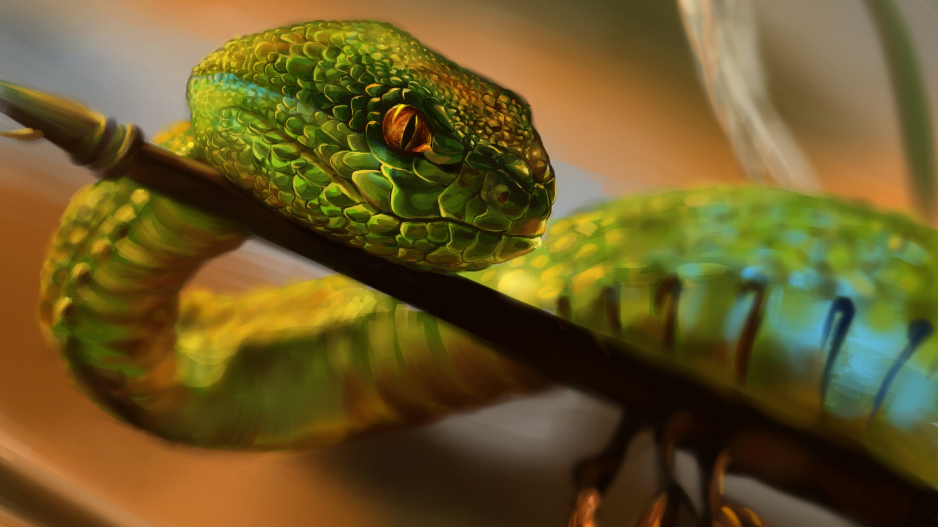 Змея, зеленая, глаза, рептилия, арт, Snake, green, reptile, eyes, art (horizontal)