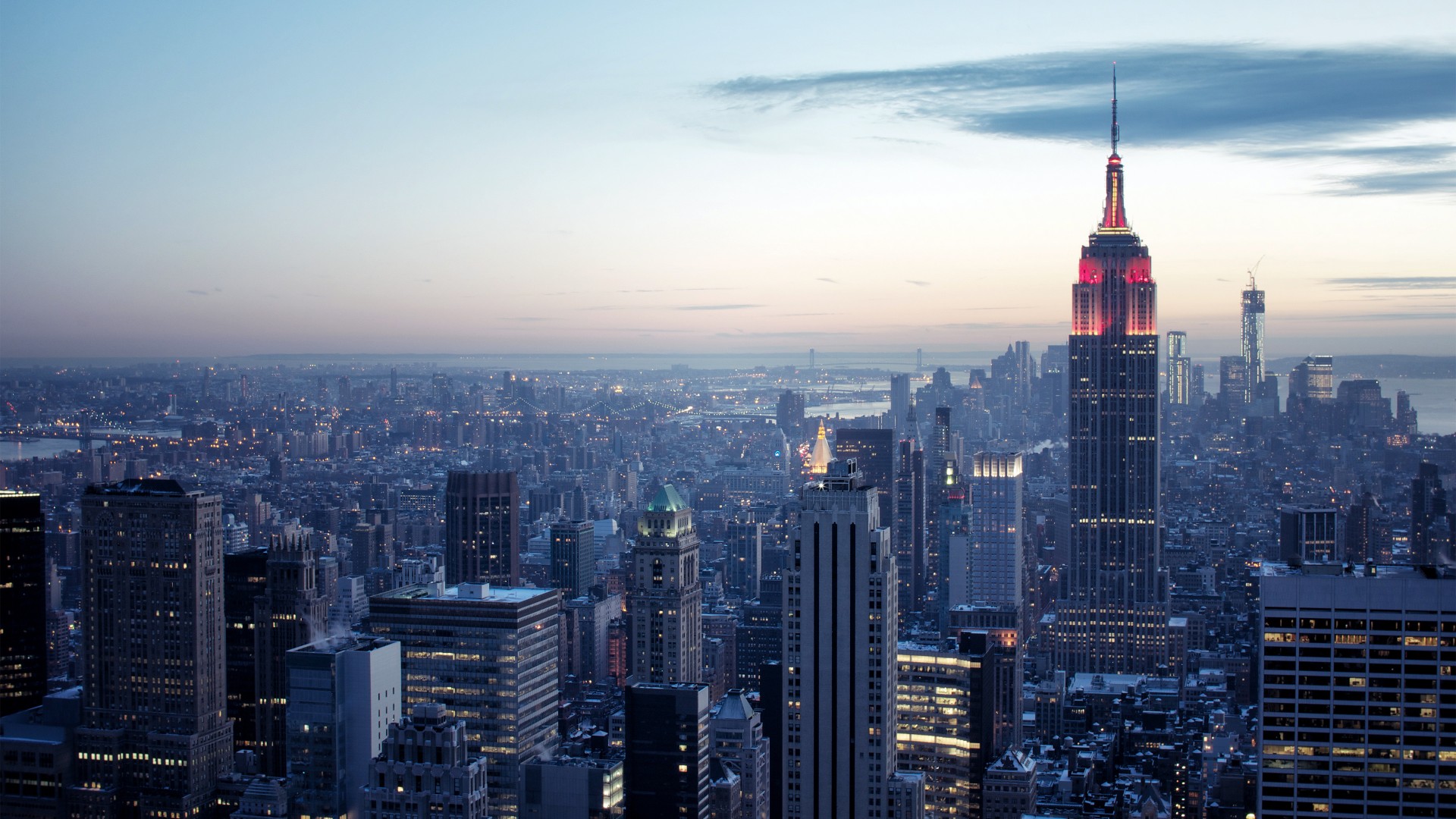 нью-йорк, нью йорк, рокфеллер центр, небо, рассвет, свет, синий, сумерки, New York, Rockefeller Center, sky, sunrise, light, blue, twilight (horizontal)