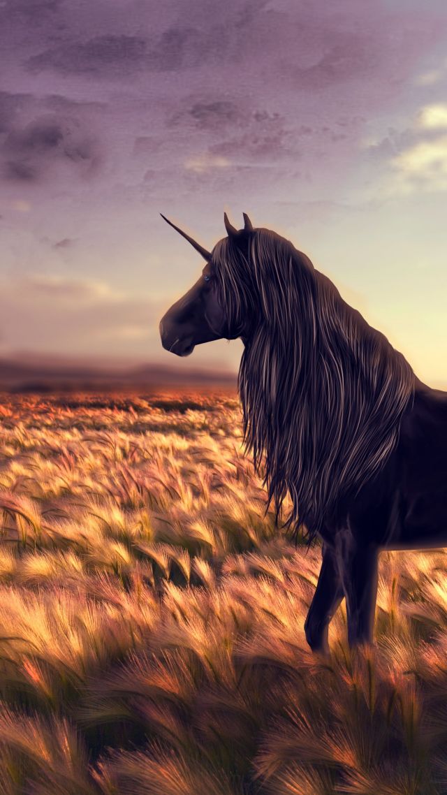 Единорог, лошадь, природа, черный, unicorn, horse, nature, black (vertical)