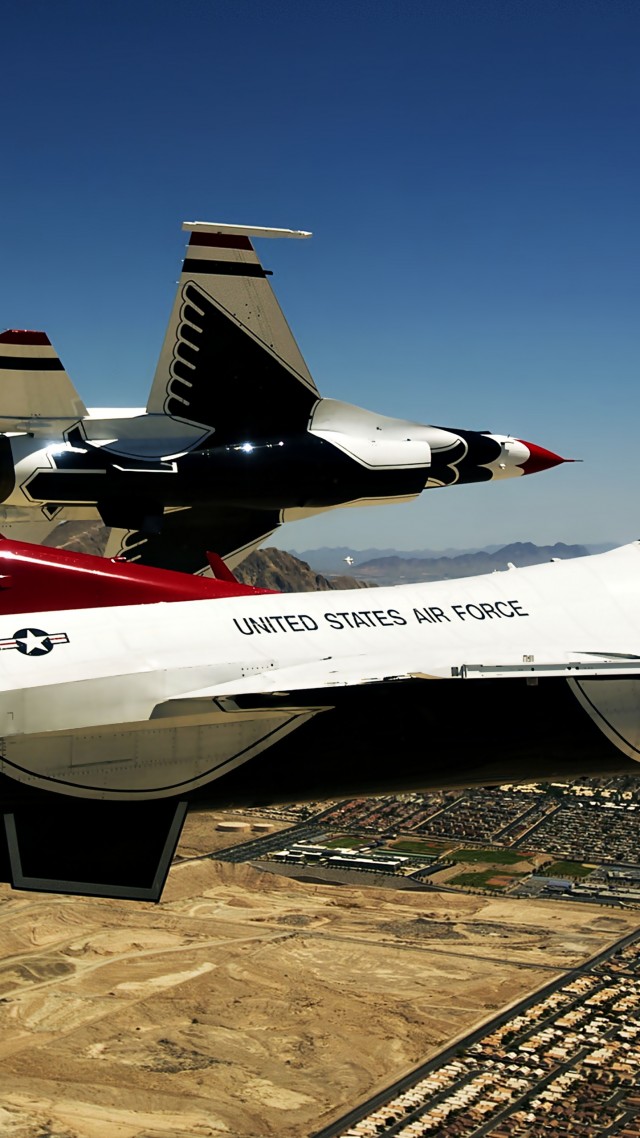 Thunderbird f-16, истребитель, армия Сша, ВВС США, Thunderbird f-16, fighter aircraft, U.S. Airforce (vertical)