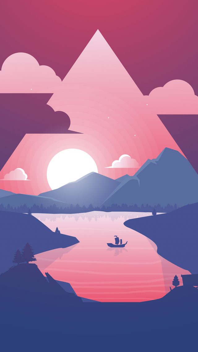 гора, солнце, река, mountain, sun, river, purple, triangle, 4k (vertical)