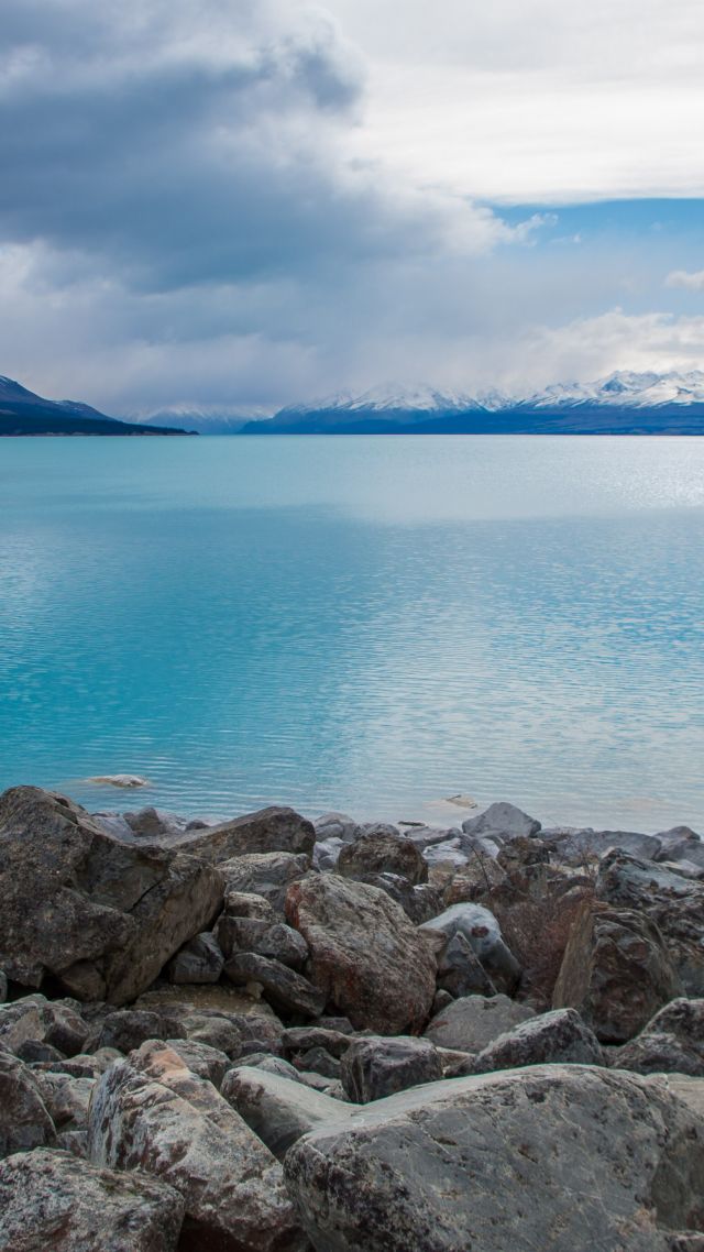 Новая Зеландия, озеро Пукаки, Lake Pukaki, New Zealand, stones, clouds, mountains, 4k (vertical)