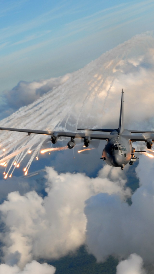 тяжеловооруженный, самолет огневой поддержки, осветительная ракета, AC-130, air support, gunship, Lockheed, U.S. Air Force, ground-attack, aircraft, flares (vertical)