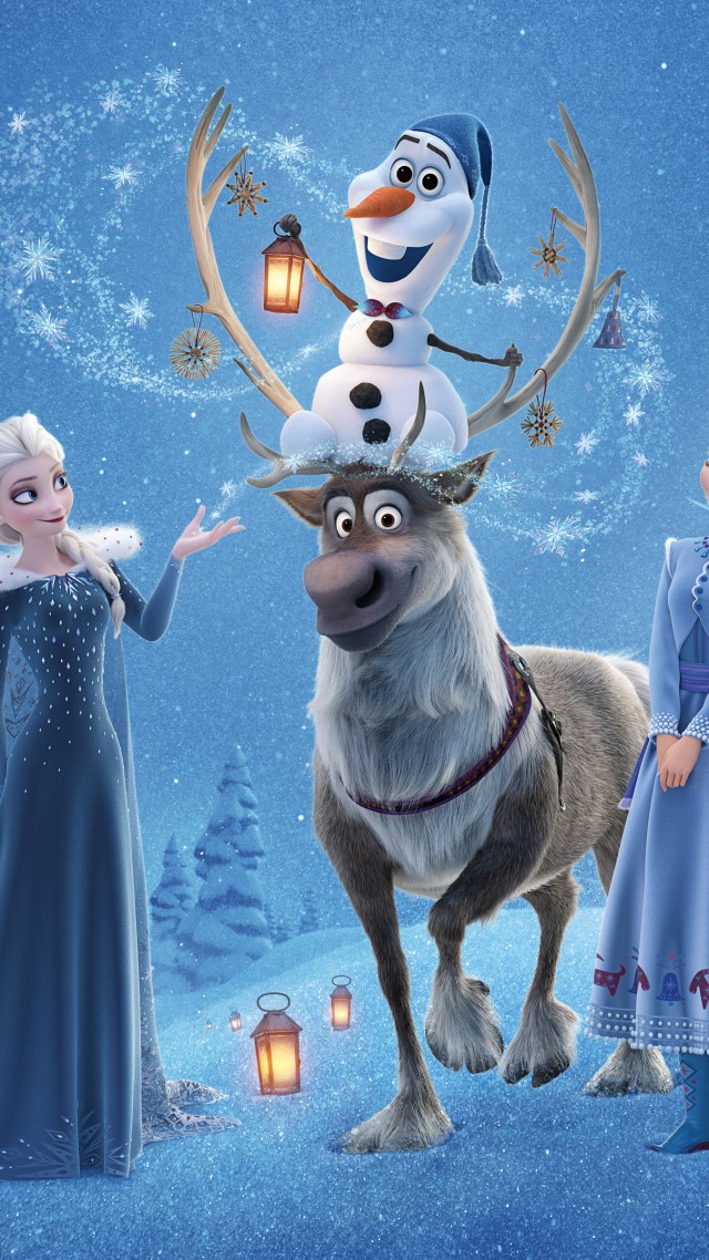 Олаф и холодное приключение, Olaf's Frozen Adventure, Elsa, Anna, winter, deer, snow, 4k (vertical)