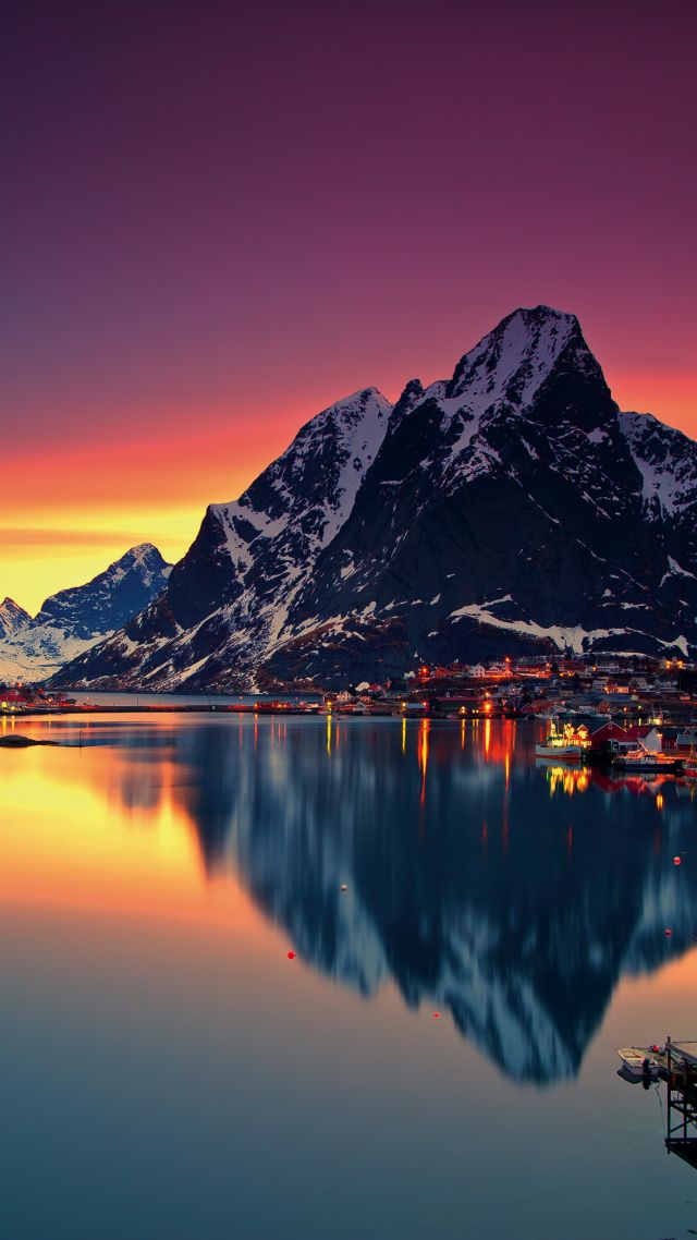 Норвегия, Лофотенские острова, Norway, Lofoten islands, Europe, Mountains, sea, sunrise, 5k (vertical)