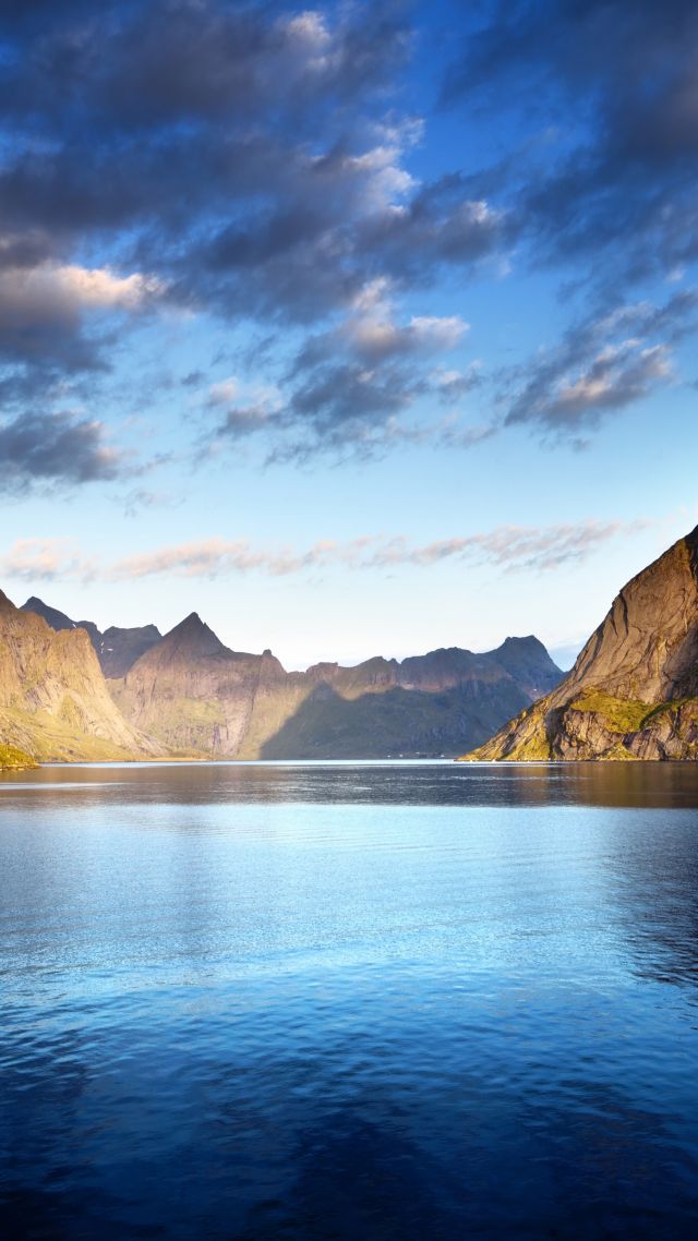Норвегия, Лофотенские острова, Norway, Lofoten islands, Europe, Mountains, sea, clouds, 5k (vertical)