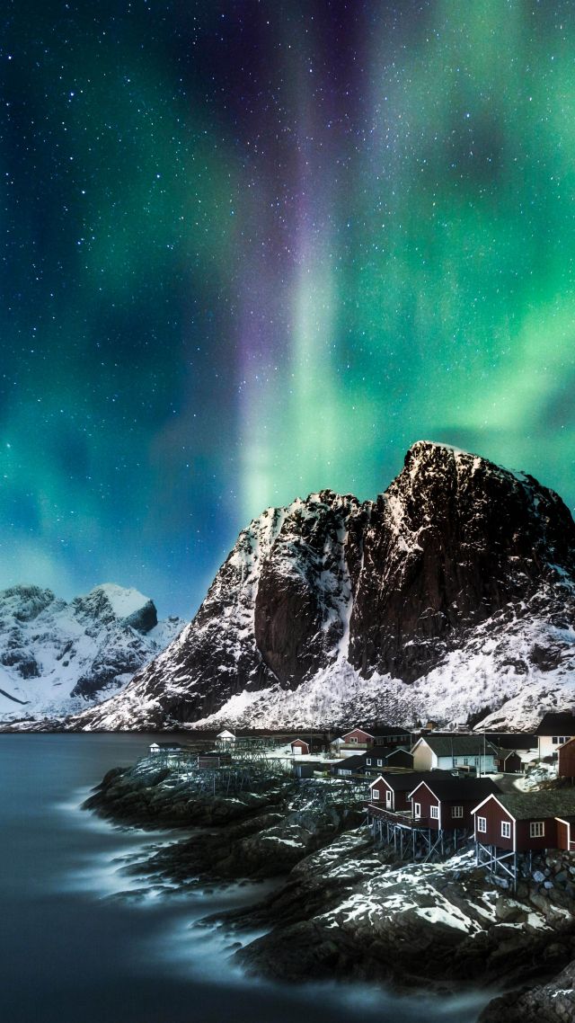 Норвегия, Лофотенские острова, северное сияние, Norway, Lofoten islands, Europe, Mountains, sea, night, northern lights, 5k (vertical)