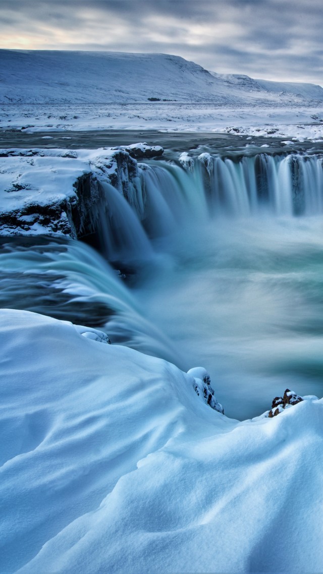 водопад, Godafoss, waterfall, winter, Iceland, 5k (vertical)