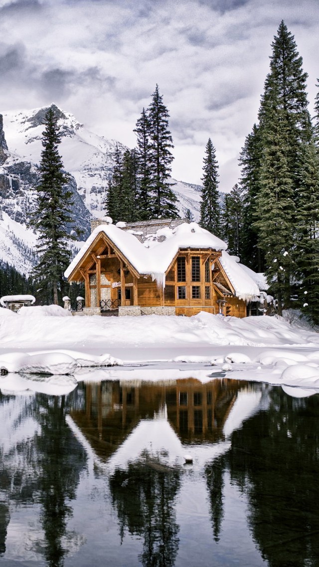 зима, mountains, house, lake, trees, winter, 4k (vertical)
