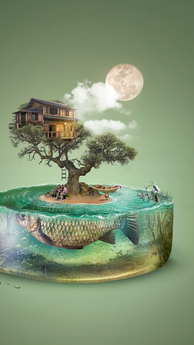 дерево, art, tree, fish, island, house, underwater, 4k (vertical)
