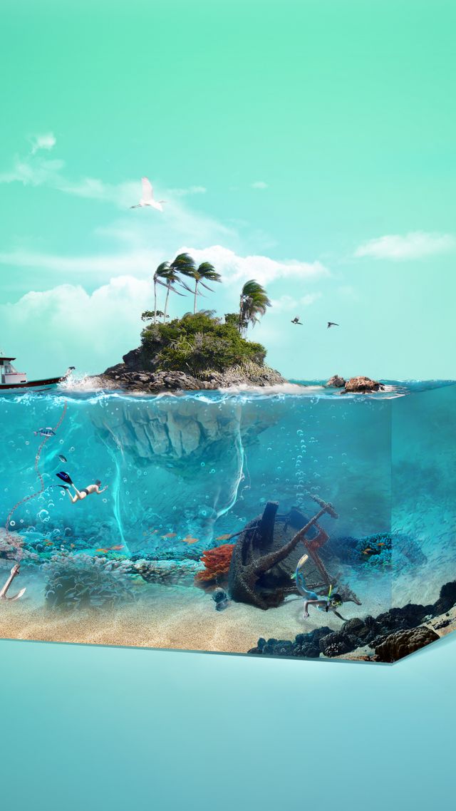 остров, art, palm, island, underwater, 4k (vertical)