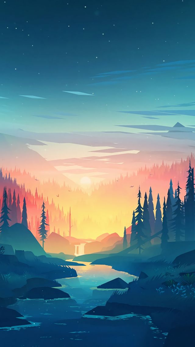 лес, закат, forest, sunset, artwork, 4K (vertical)