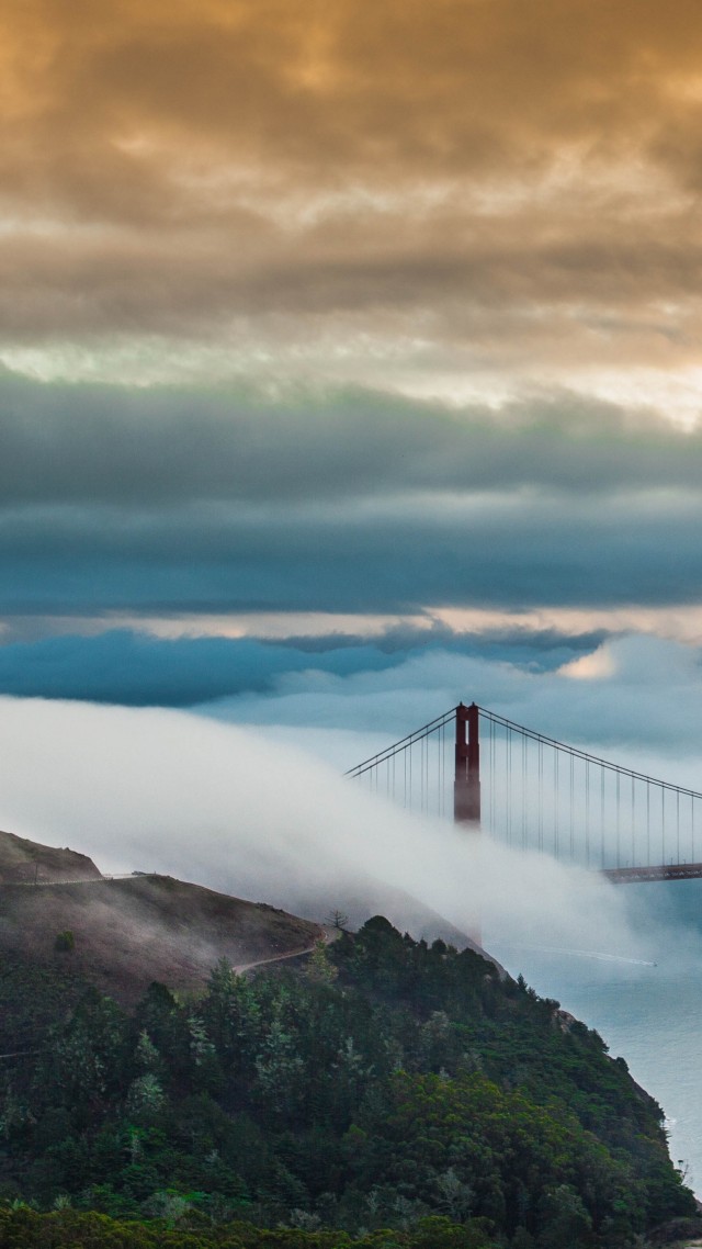 Золотые Ворота, Сан-Франциско, туман, Golden Gate Bridge, San Francisco, USA, fog, 5K (vertical)