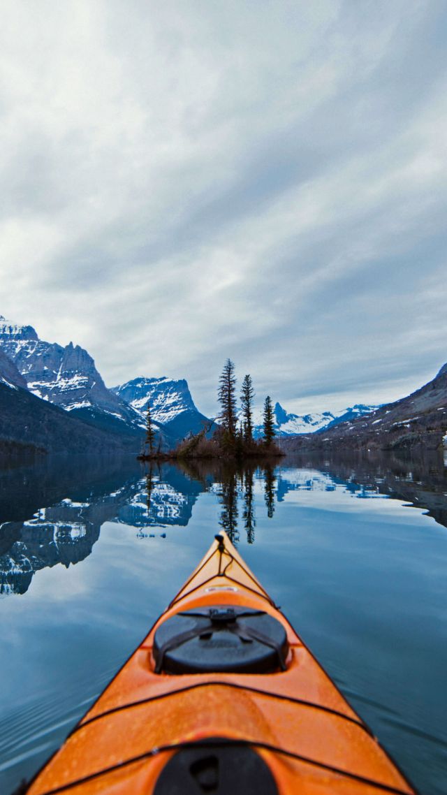 каное, зима, Glacier National Park, Montana, canoe, snow, winter, 5K (vertical)