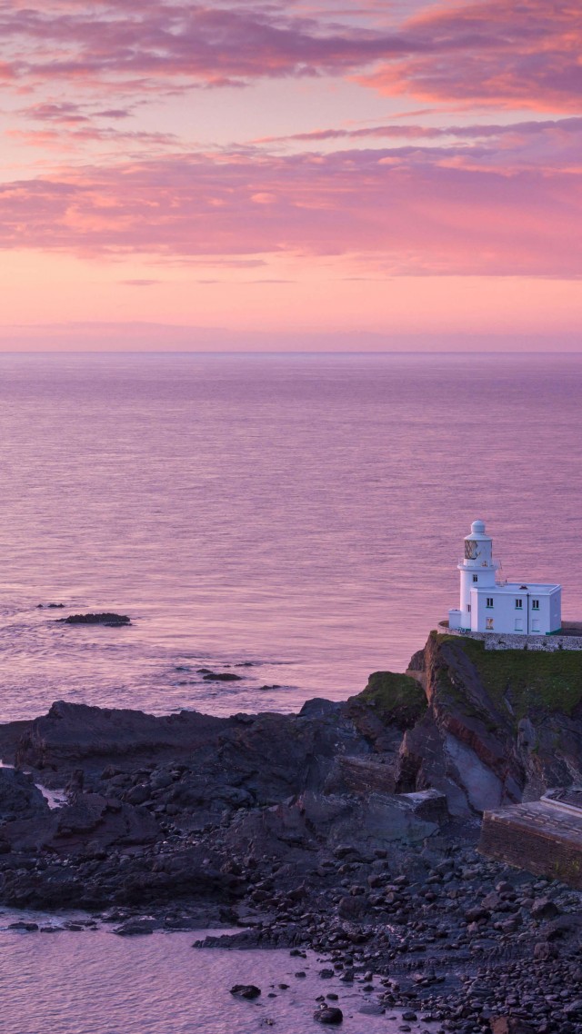 маяк, вода, закат, океан, Hartland Point, Lighthouse, Lundy Island, North Devon, sunset, water, ocean, 5K (vertical)