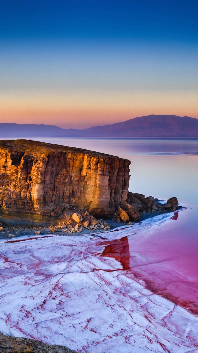 Иран, озеро, вода, восход, скала, Lake Urmia, Iran, lake, water, sunrise, rock, 5K (vertical)