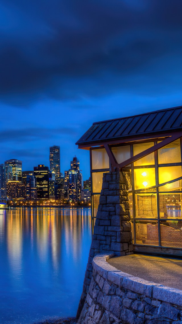 вода, ночь, огни, Stanley Park, Vancouver, Canada, water, night, lights, 4K (vertical)