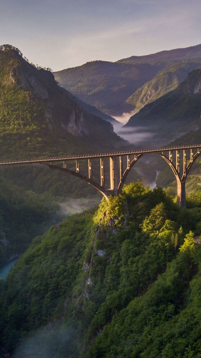 мост, горы, река, bridge, mountains, green, river, 4K (vertical)