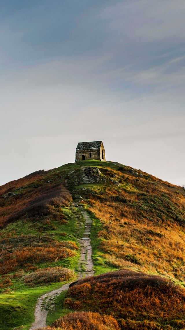 осень, зеленый, Rame Head, Cornwall, hill, green, autumn, 4K (vertical)