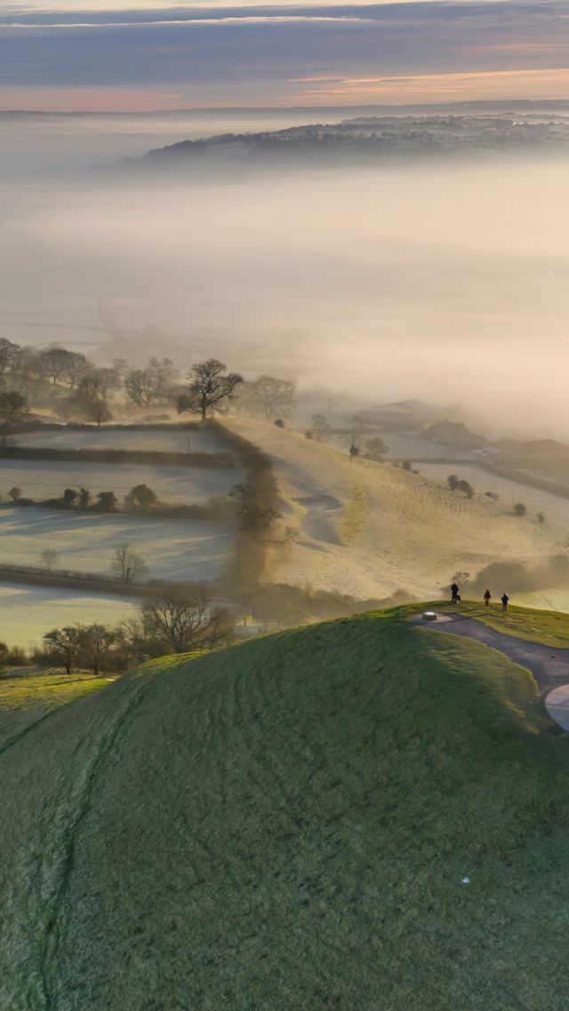 утро, восход, туман, morning, frost, sunrise, fog, Glastonbury Tor, Somerset, 4K (vertical)