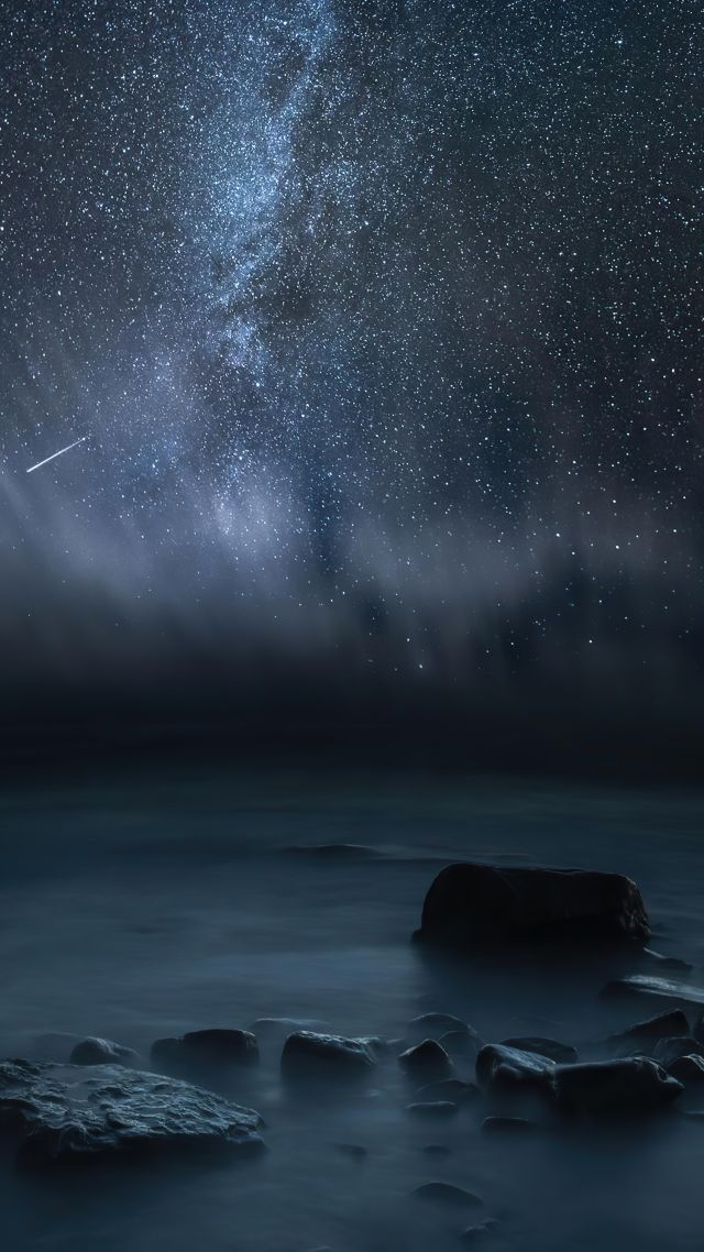 вода, небо, ночь, Android 12, dark, water, sky, night, 4K (vertical)
