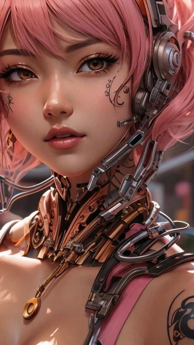 anime girl, cyber, pink hair (vertical)