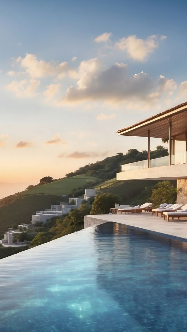 modern house, pool, sunset, sea (vertical)