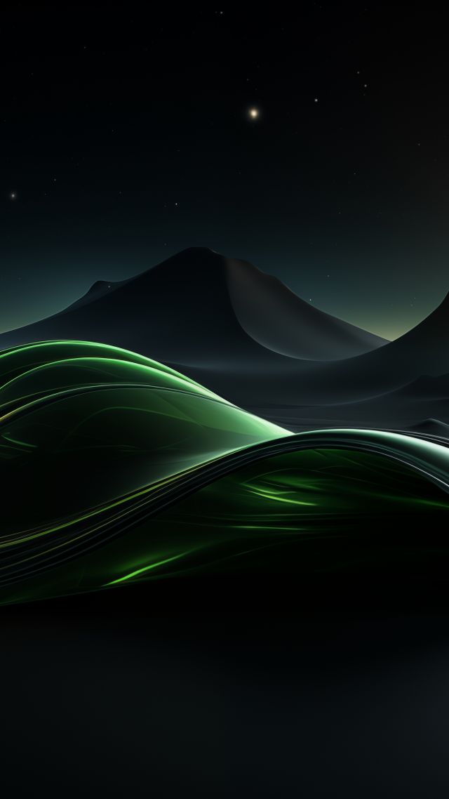 mountains, waves, black, green (vertical)