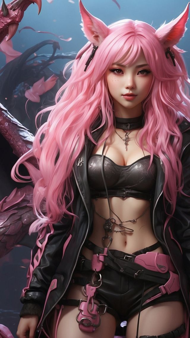anime girl, dragon, pink (vertical)