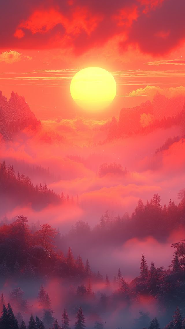 mountains, forest, sunset (vertical)