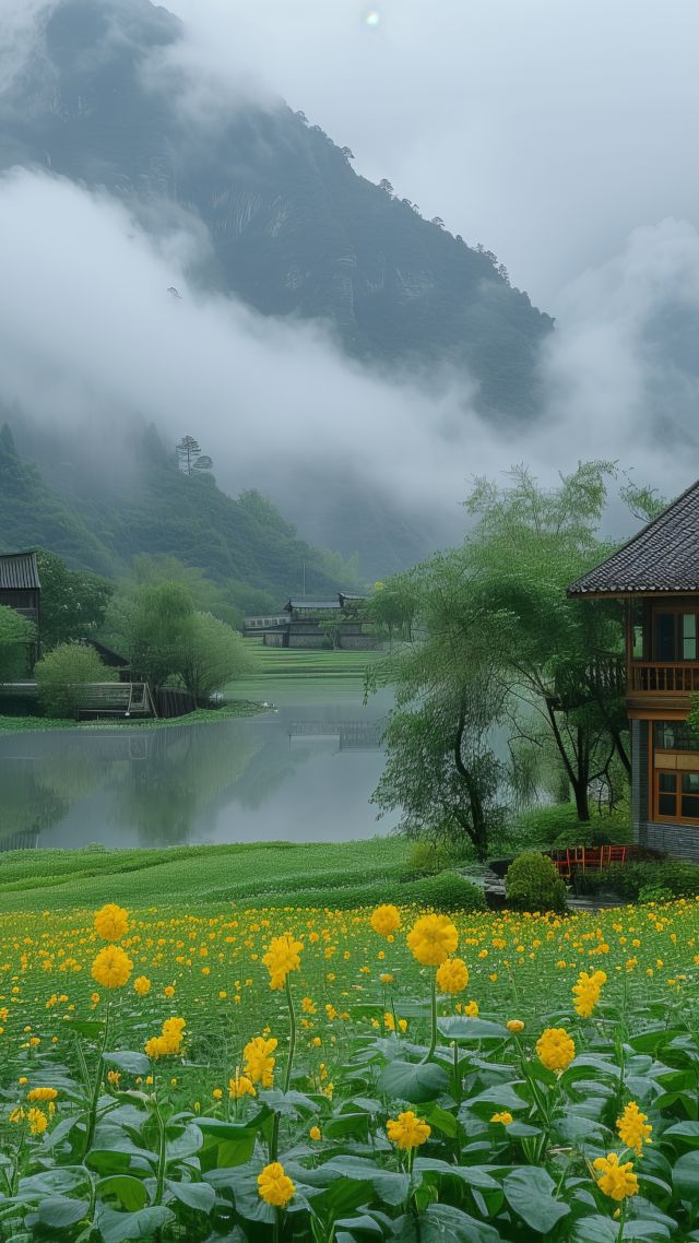 mountains, house, lake (vertical)