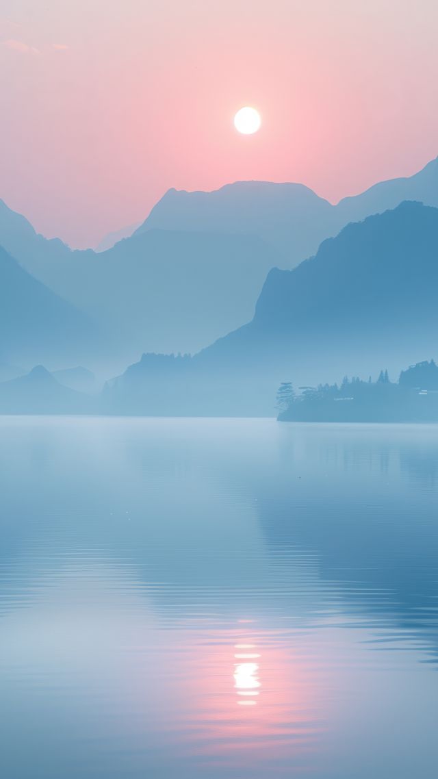 mountains, lake, sunset (vertical)