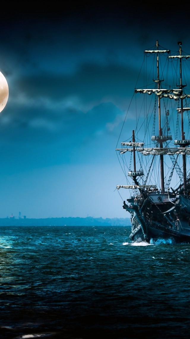 корабль, море, луна, ночь, ship, sea, moon, night (vertical)