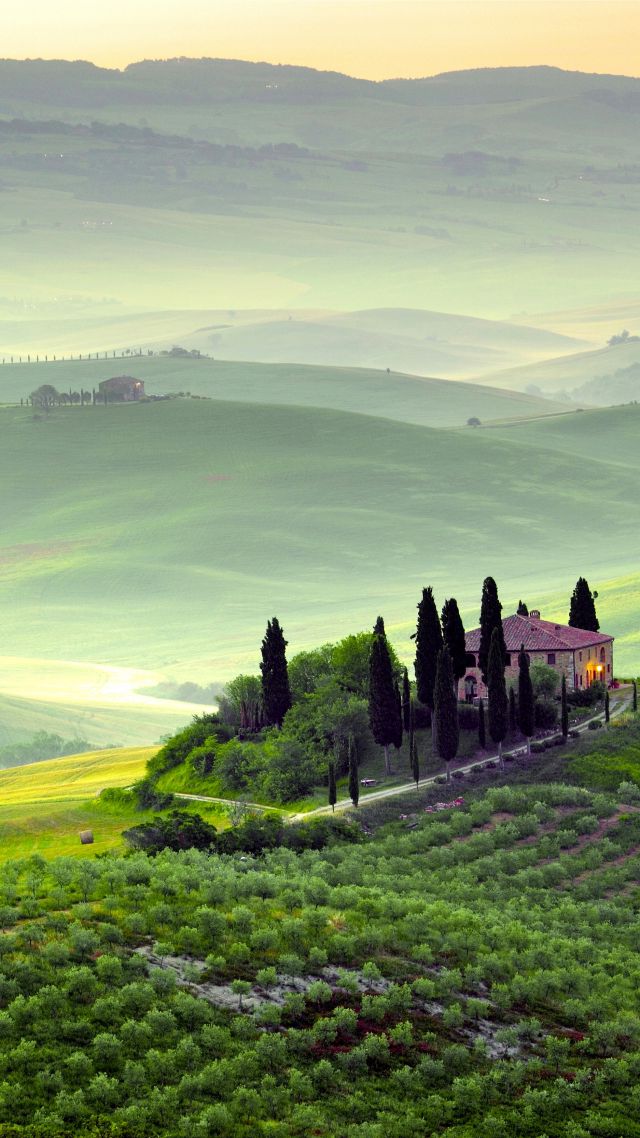 Тоскана, 4k, HD, Италия, Холмы, луга, дом, туман, Tuscany, 4k, HD wallpaper, Italy, Hills, meadows, house, fog (vertical)