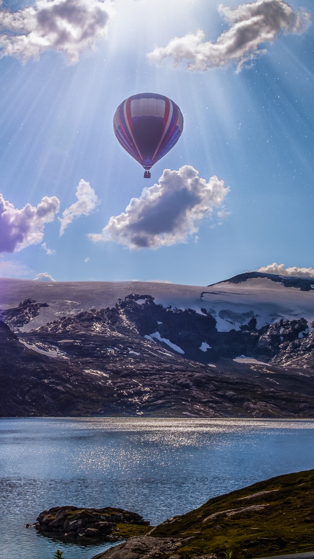 Норвегия, 4k, 5k, 8k, воздушный шар, озеро, горы, облака, Norway, 4k, 5k wallpaper, 8k, balloon, lake, mountains, clouds (vertical)