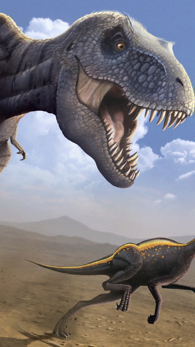 Тираннозавр, Орнитомим, динозавр, арт, Tyrannosaurus, Ornithomimus, dinosaur, art (vertical)