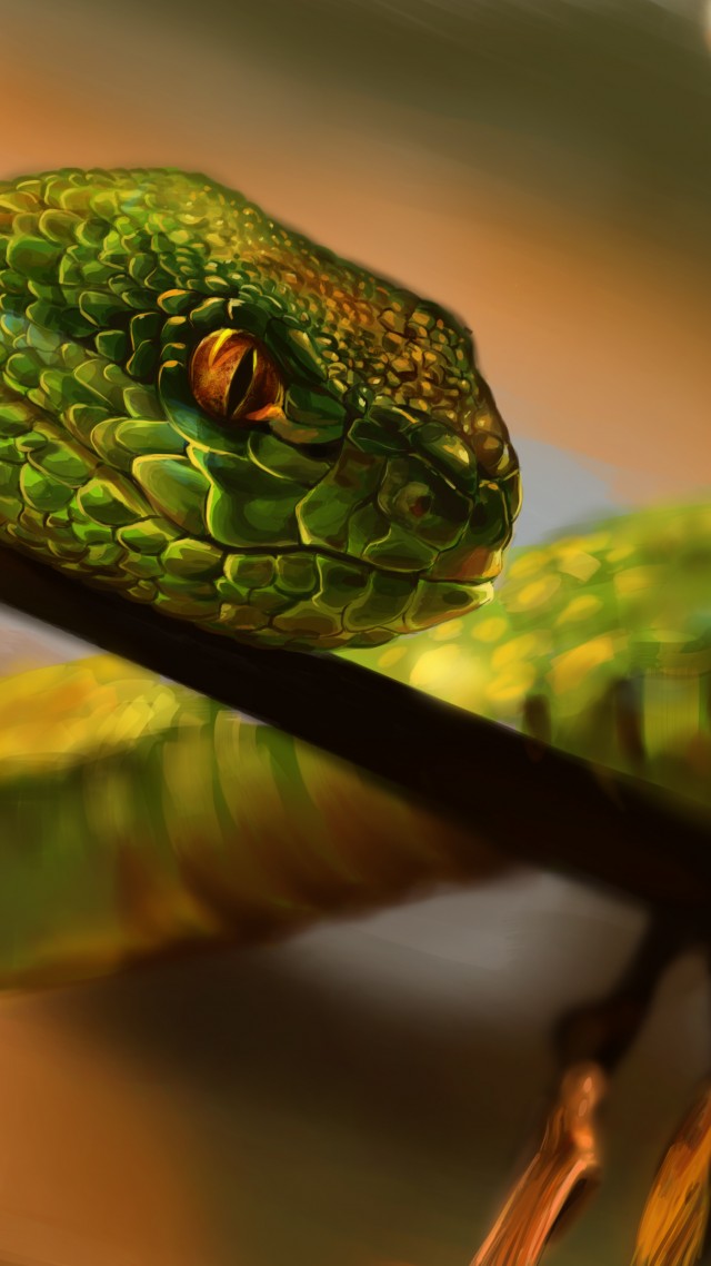 Змея, зеленая, глаза, рептилия, арт, Snake, green, reptile, eyes, art (vertical)